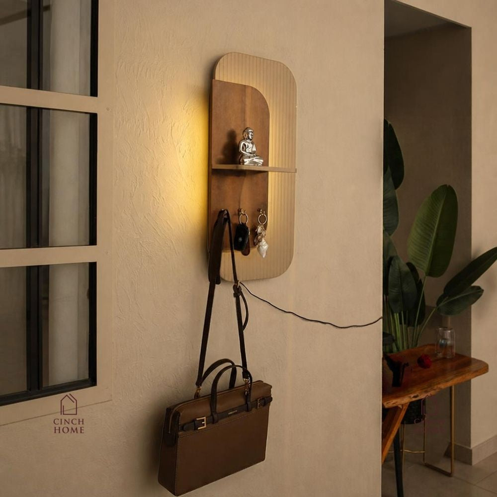 Wall-Mounted Decor/Organiser with LED Light, Shelf & Hooks