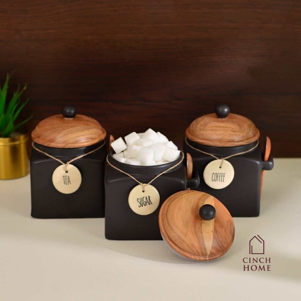 Ceramic canisters, Kitchen canister set| Tea, coffee, sugar canisters, Pickle storage jars, ceramic kitchen organization, Airtight containers, Decorative kitchen canisters, Glossy ceramic jars, Pantry storage solutions, Stylish kitchen essentials, home décor, kitchen essentials online india, kitchen jars online india
