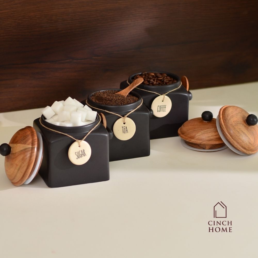 Ceramic canisters, Kitchen canister set| Tea, coffee, sugar canisters, Pickle storage jars, ceramic kitchen organization, Airtight containers, Decorative kitchen canisters, Glossy ceramic jars, Pantry storage solutions, Stylish kitchen essentials, home décor, kitchen essentials online india, kitchen jars online india