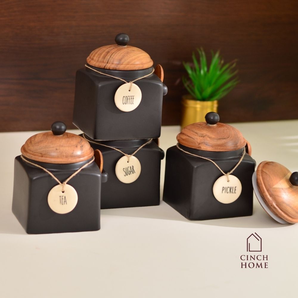 Ceramic canisters, Kitchen canister set| Tea, coffee, sugar canisters, Pickle storage jars, ceramic kitchen organization, Airtight containers, Decorative kitchen canisters, Glossy ceramic jars, Pantry storage solutions, Stylish kitchen essentials, home décor, kitchen essentials online india, kitchen jars online india