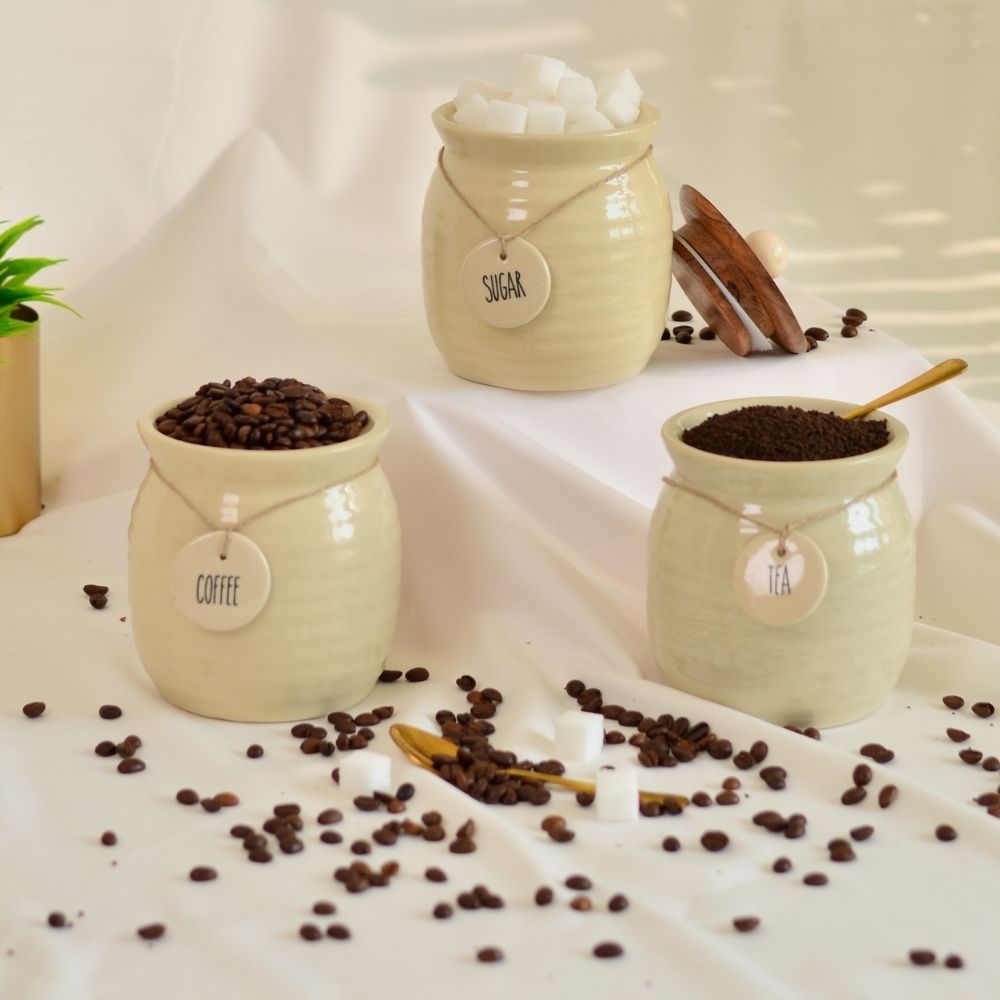 Ceramic canisters, Kitchen canister set| Tea, coffee, sugar canisters, Pickle storage jars, ceramic kitchen organization, Airtight containers, Decorative kitchen canisters, Glossy ceramic jars, Pantry storage solutions, Stylish kitchen essentials, home décor, kitchen essentials online india, kitchen jars online india