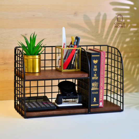 iron and walnut wood organizer, multipurpose organizer, mesh style edges, kitchen essentials storage, bath essentials organizer, makeup storage, stationery organizer, three compartments organizer, durable iron organizer, stylish walnut wood organizer, versatile storage solution, home organization, modern industrial organizer, clutter-free storage, functional home organizer
