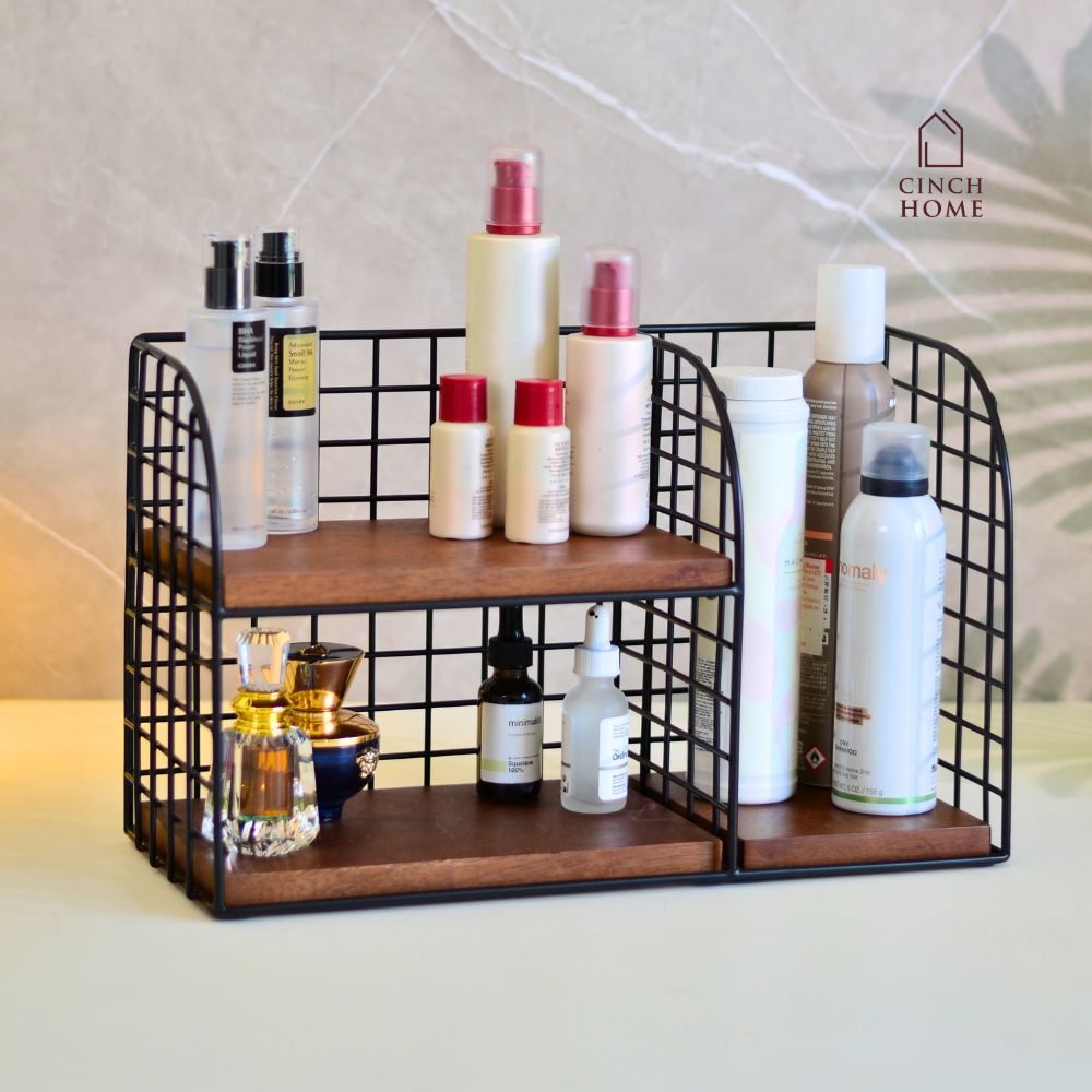 iron and walnut wood organizer, multipurpose organizer, mesh style edges, kitchen essentials storage, bath essentials organizer, makeup storage, stationery organizer, three compartments organizer, durable iron organizer, stylish walnut wood organizer, versatile storage solution, home organization, modern industrial organizer, clutter-free storage, functional home organizer