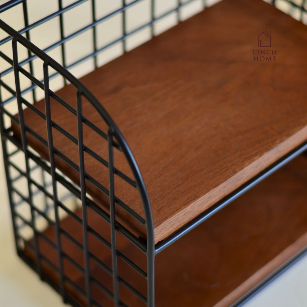 iron and walnut wood organizer, multipurpose organizer, mesh style edges, kitchen essentials storage, bath essentials organizer, makeup storage, stationery organizer, three compartments organizer, durable iron organizer, stylish walnut wood organizer, versatile storage solution, home organization, modern industrial organizer, clutter-free storage, functional home organizer