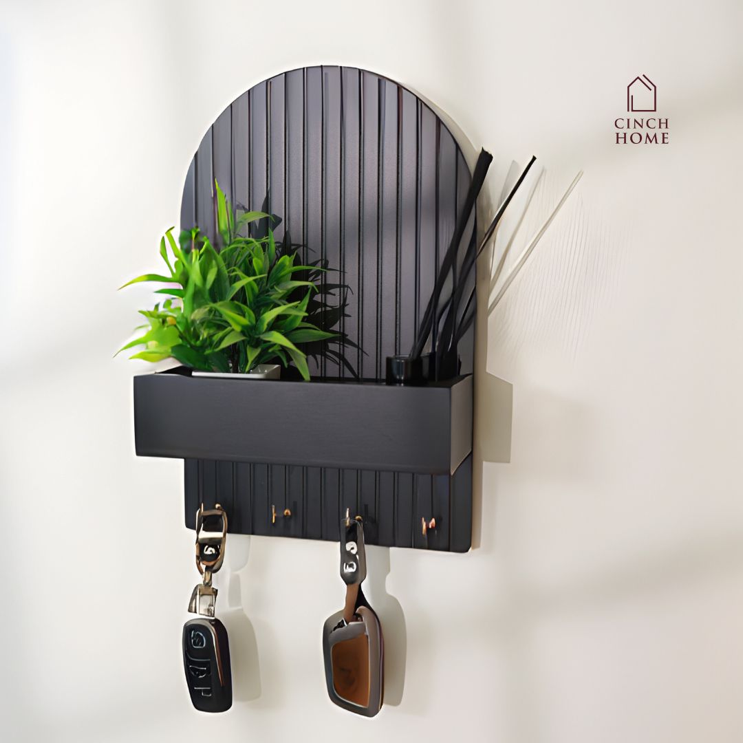 wall-mounted key holder, entryway organizer, key rack with shelf, home decor organizer, MDF key hanger, fluted design key shelf, key hooks with planter, black key holder, space-saving key organizer, key rack for wall, modern wall organizer