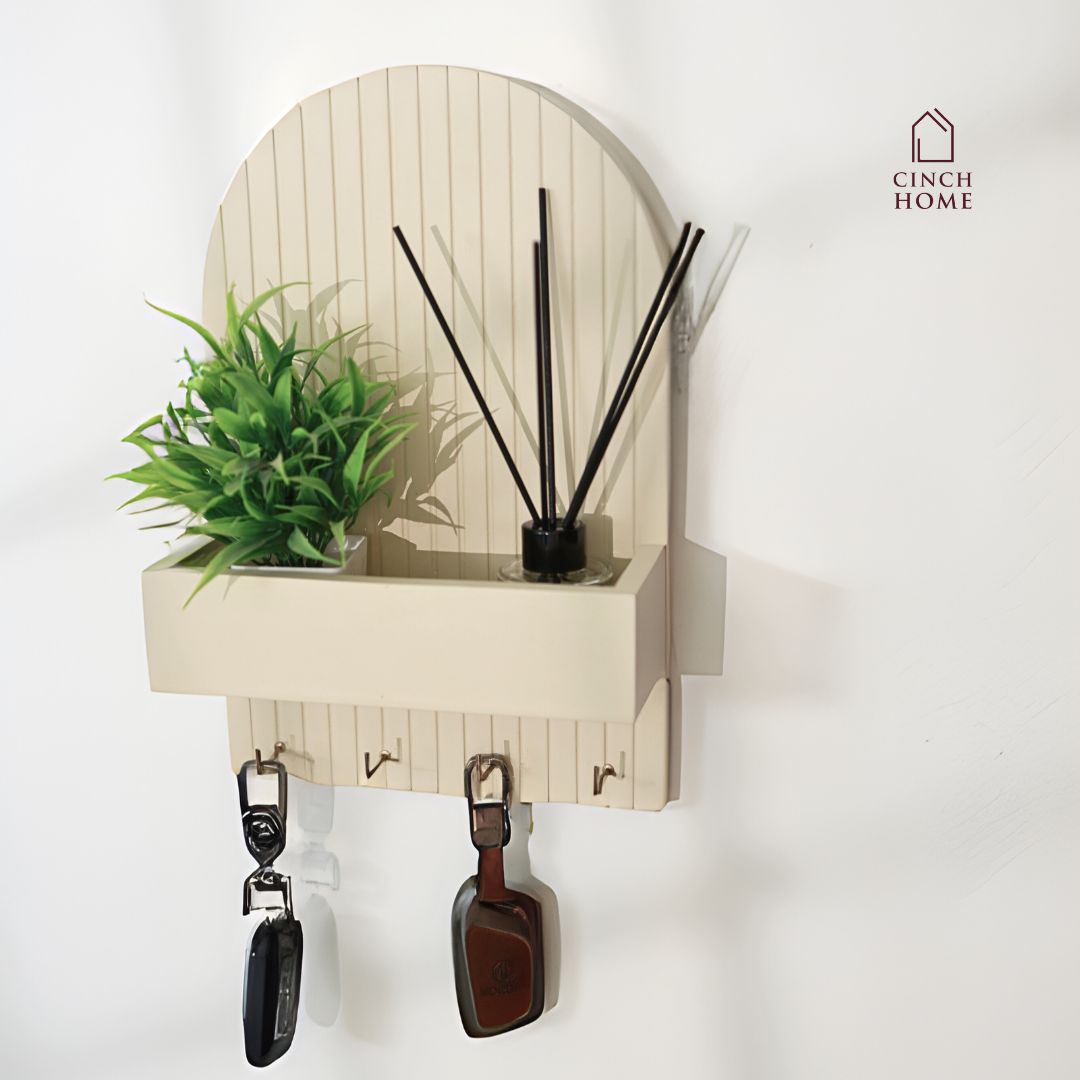 wall-mounted key holder, entryway organizer, key rack with shelf, home decor organizer, MDF key hanger, fluted design key shelf, key hooks with planter, black key holder, space-saving key organizer, key rack for wall, modern wall organizer