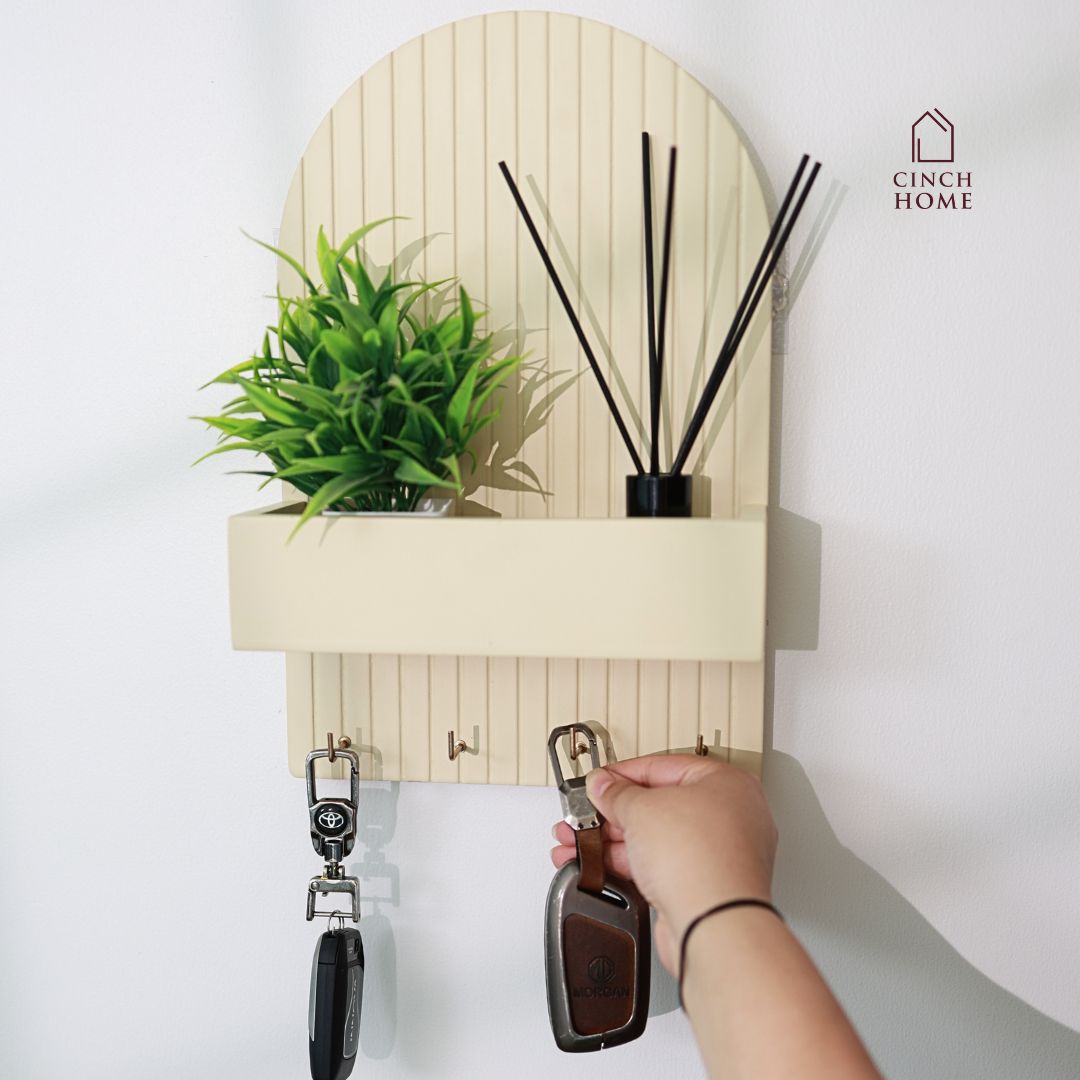 wall-mounted key holder, entryway organizer, key rack with shelf, home decor organizer, MDF key hanger, fluted design key shelf, key hooks with planter, black key holder, space-saving key organizer, key rack for wall, modern wall organizer