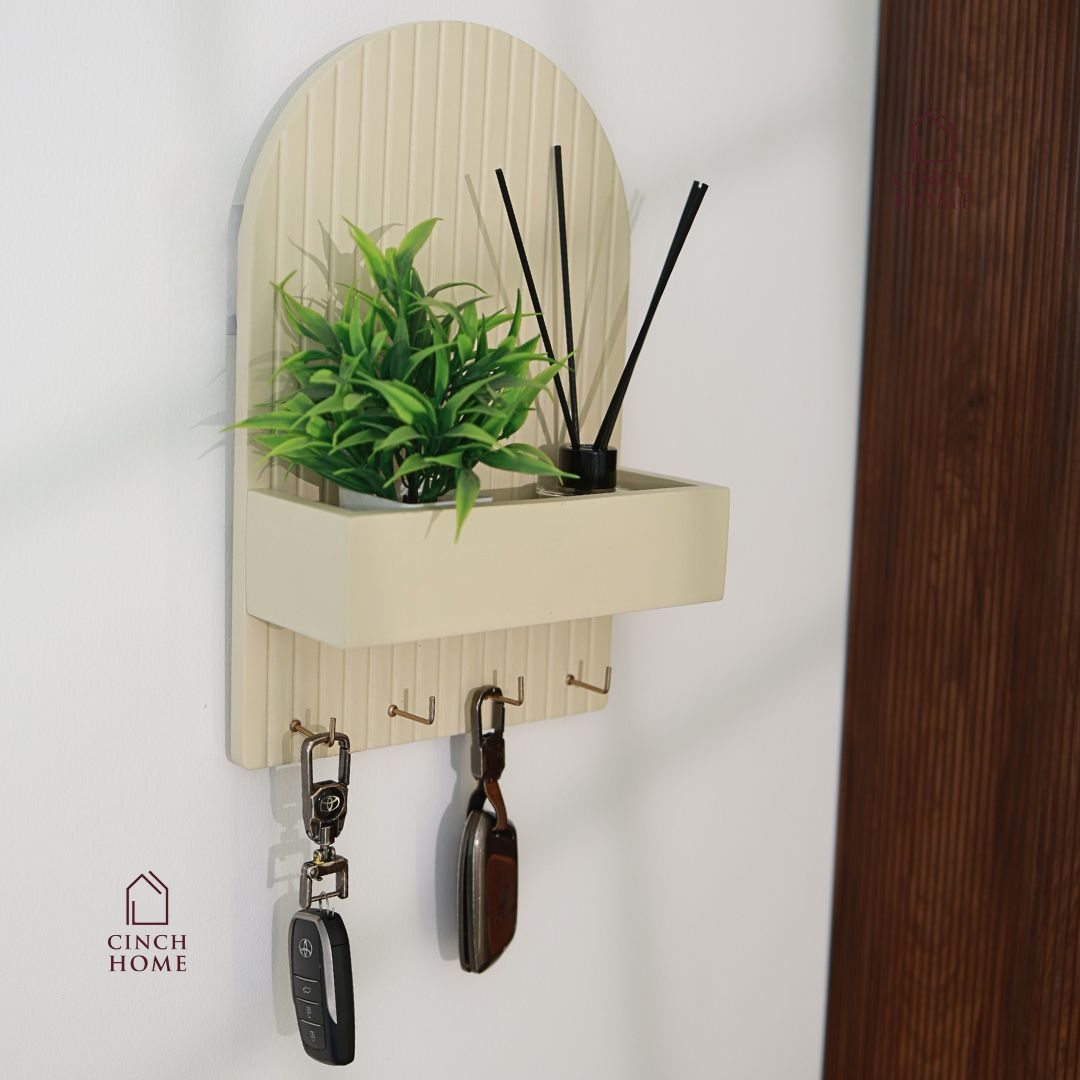wall-mounted key holder, entryway organizer, key rack with shelf, home decor organizer, MDF key hanger, fluted design key shelf, key hooks with planter, black key holder, space-saving key organizer, key rack for wall, modern wall organizer