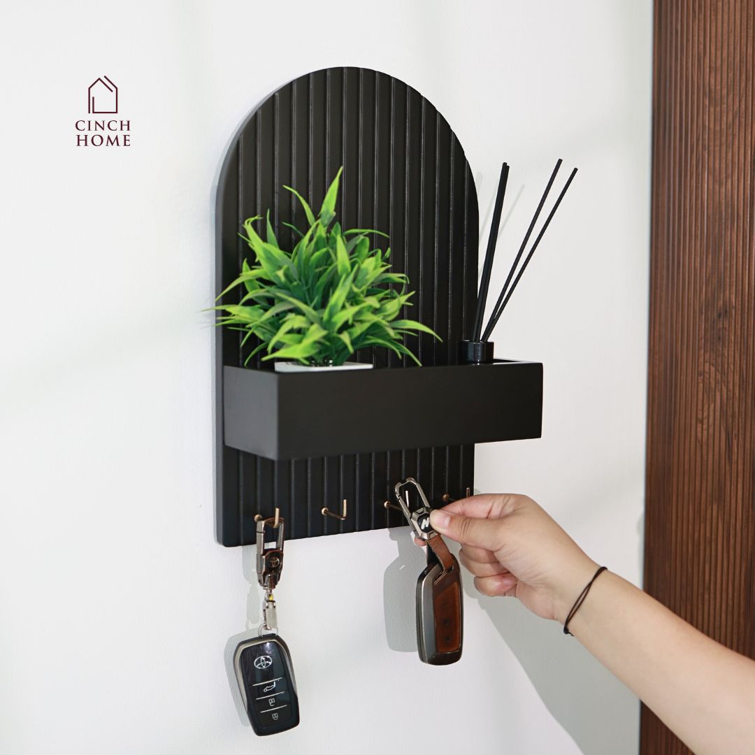 wall-mounted key holder, entryway organizer, key rack with shelf, home decor organizer, MDF key hanger, fluted design key shelf, key hooks with planter, black key holder, space-saving key organizer, key rack for wall, modern wall organizer