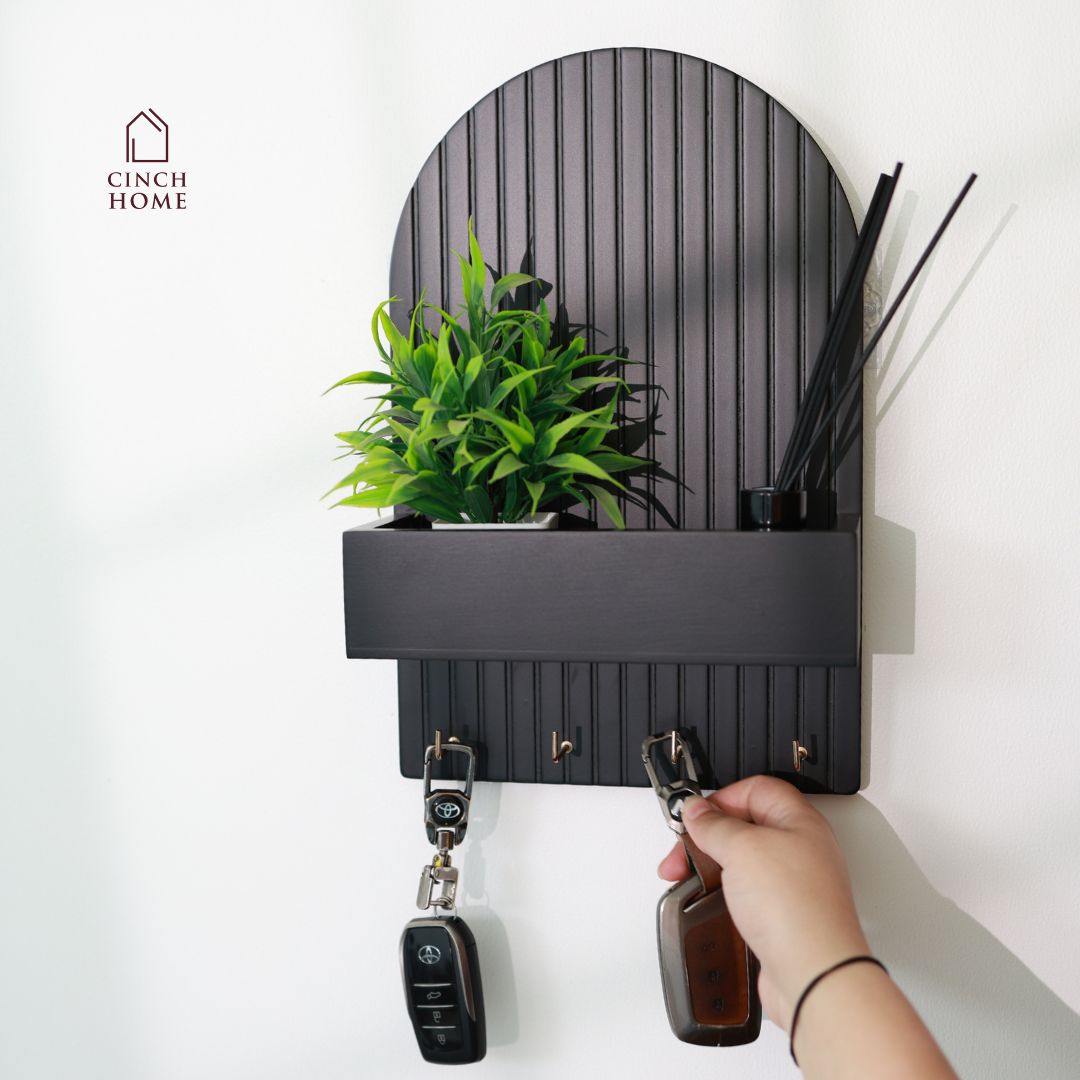 wall-mounted key holder, entryway organizer, key rack with shelf, home decor organizer, MDF key hanger, fluted design key shelf, key hooks with planter, black key holder, space-saving key organizer, key rack for wall, modern wall organizer