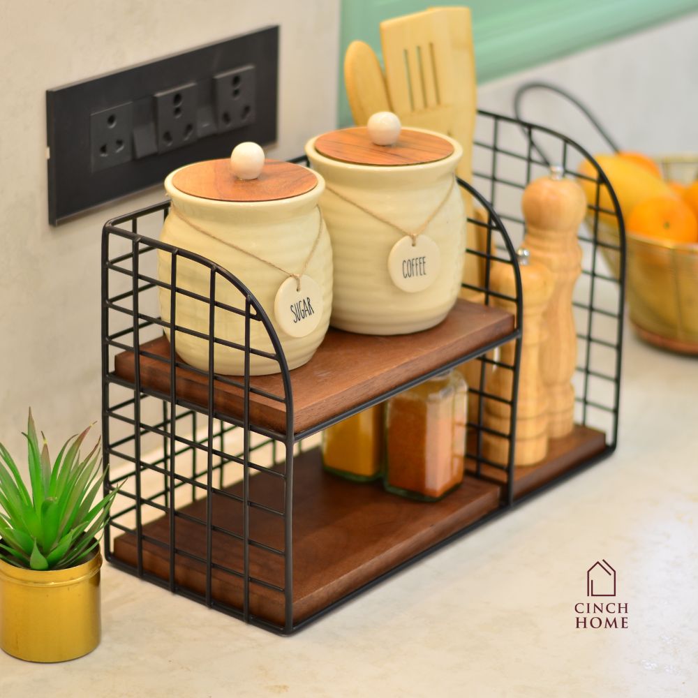 iron and walnut wood organizer, multipurpose organizer, mesh style edges, kitchen essentials storage, bath essentials organizer, makeup storage, stationery organizer, three compartments organizer, durable iron organizer, stylish walnut wood organizer, versatile storage solution, home organization, modern industrial organizer, clutter-free storage, functional home organizer