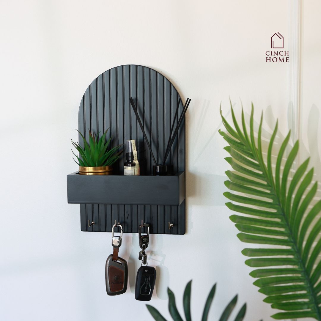 wall-mounted key holder, entryway organizer, key rack with shelf, home decor organizer, MDF key hanger, fluted design key shelf, key hooks with planter, black key holder, space-saving key organizer, key rack for wall, modern wall organizer