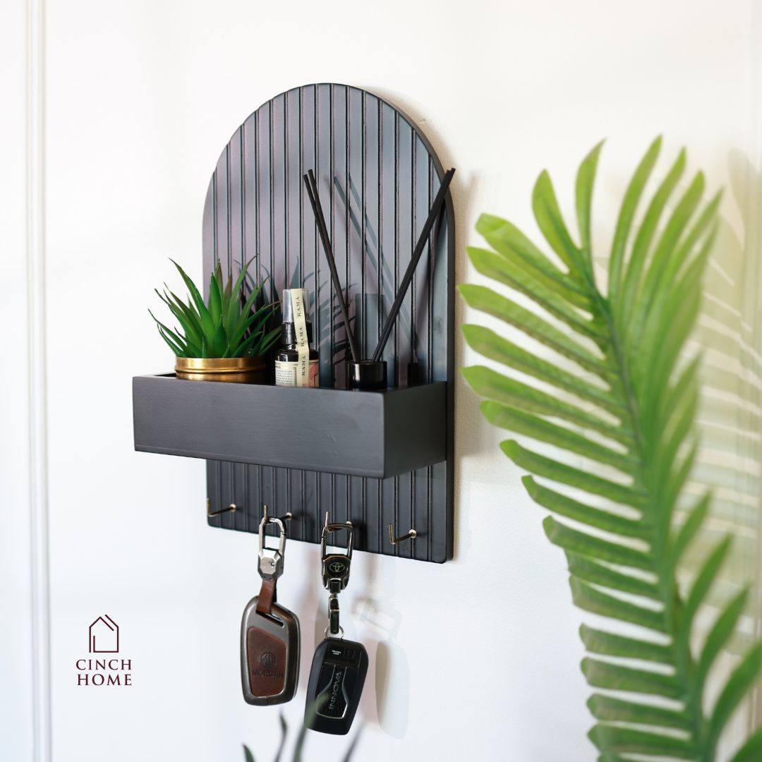 wall-mounted key holder, entryway organizer, key rack with shelf, home decor organizer, MDF key hanger, fluted design key shelf, key hooks with planter, black key holder, space-saving key organizer, key rack for wall, modern wall organizer