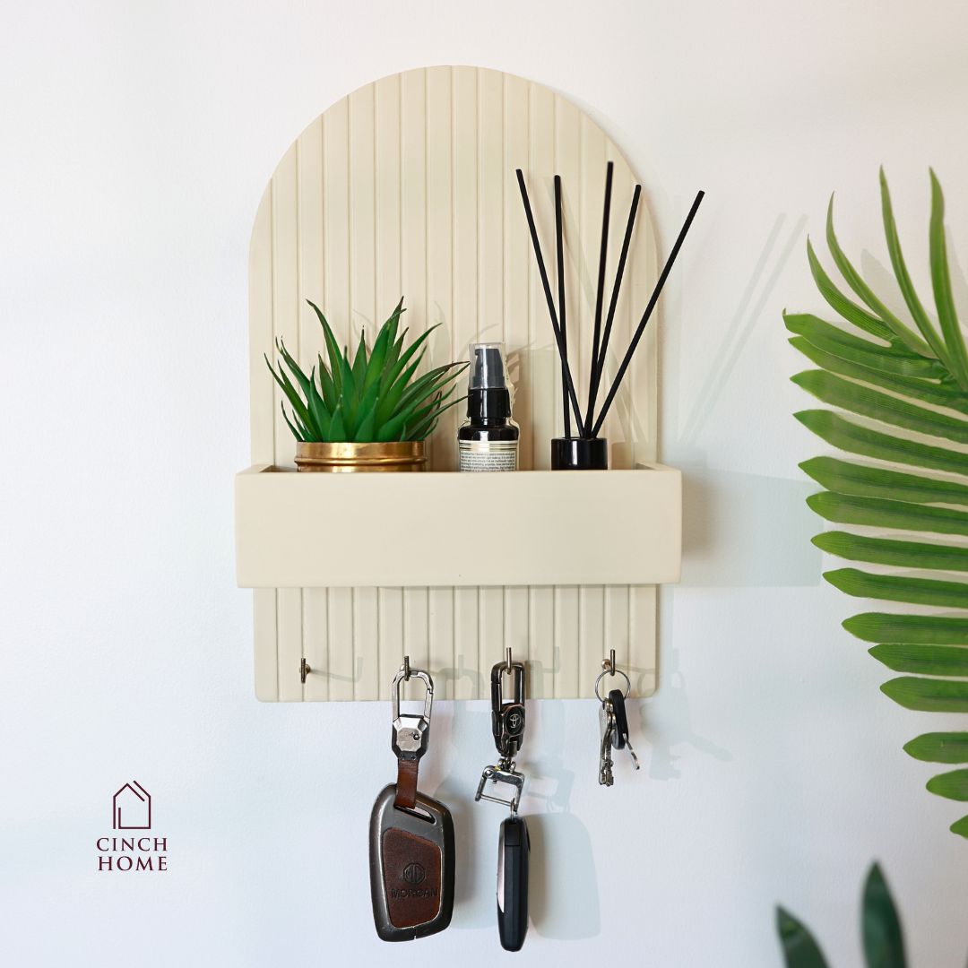 wall-mounted key holder, entryway organizer, key rack with shelf, home decor organizer, MDF key hanger, fluted design key shelf, key hooks with planter, black key holder, space-saving key organizer, key rack for wall, modern wall organizer