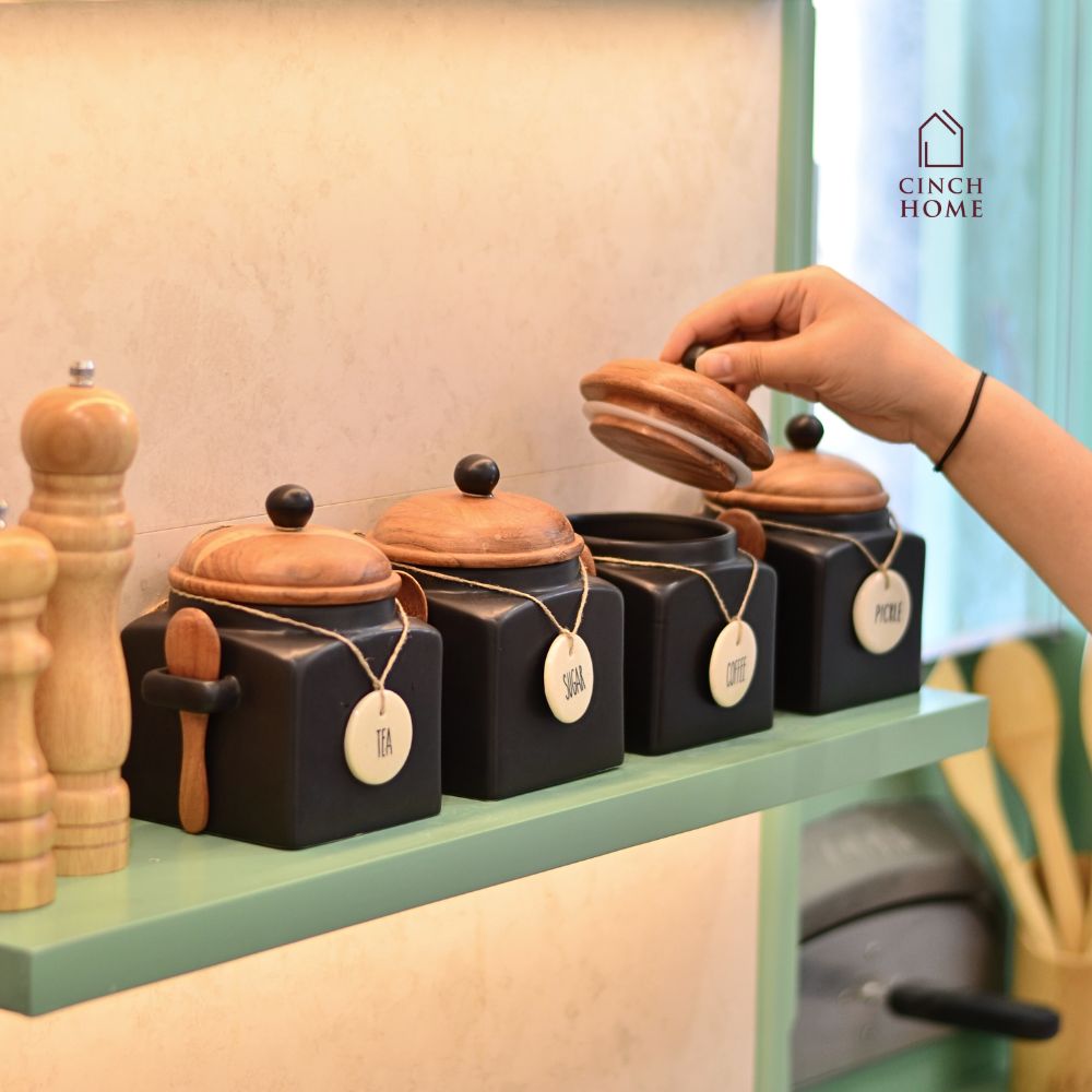 Ceramic canisters, Kitchen canister set| Tea, coffee, sugar canisters, Pickle storage jars, ceramic kitchen organization, Airtight containers, Decorative kitchen canisters, Glossy ceramic jars, Pantry storage solutions, Stylish kitchen essentials, home décor, kitchen essentials online india, kitchen jars online india