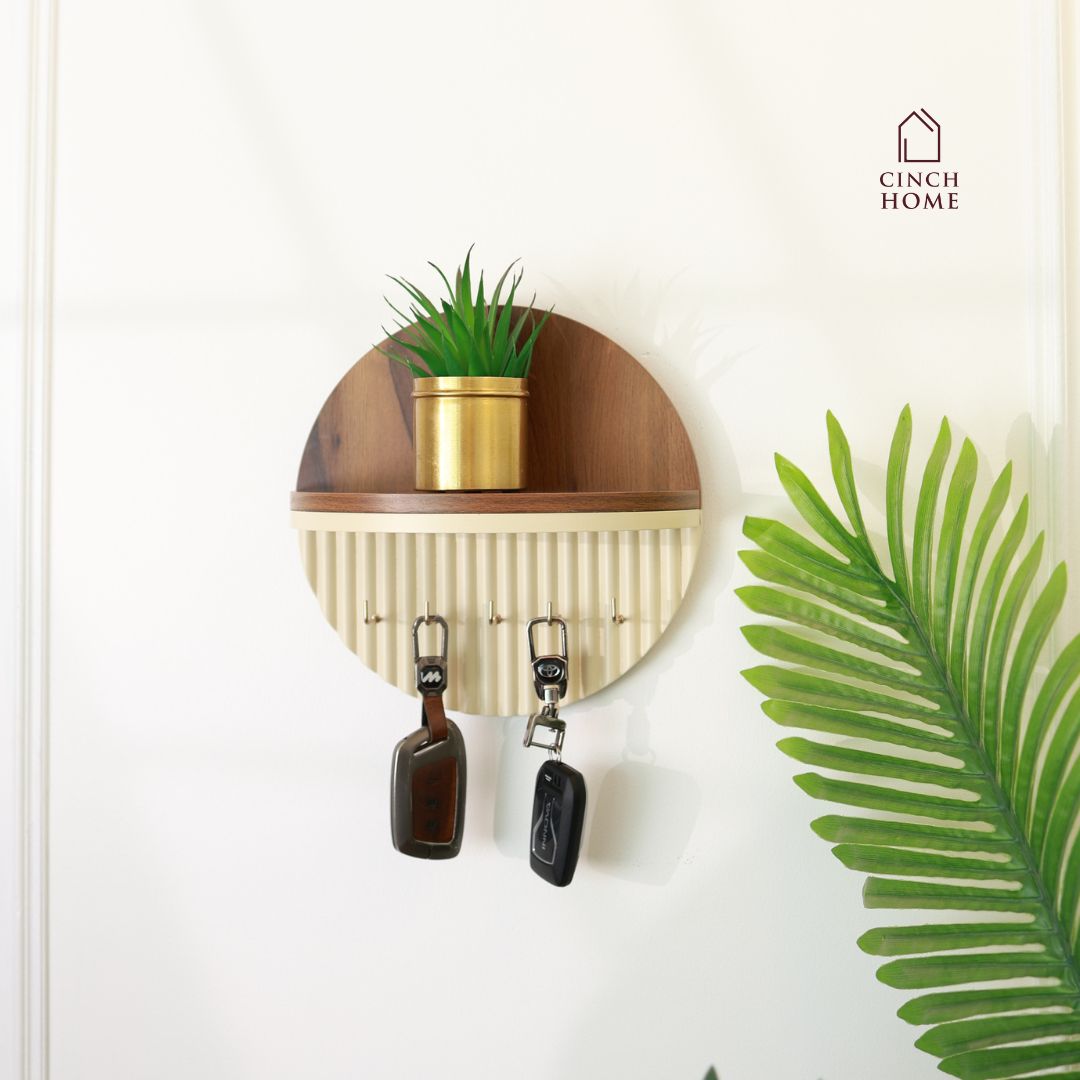 Modern Round Wooden Key Holder with Shelf | Walnut Finish
