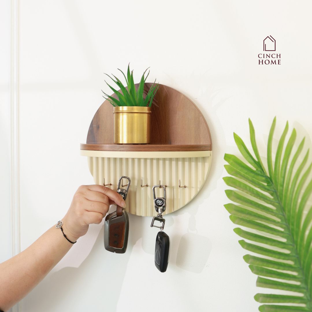 Modern Round Wooden Key Holder with Shelf | Walnut Finish