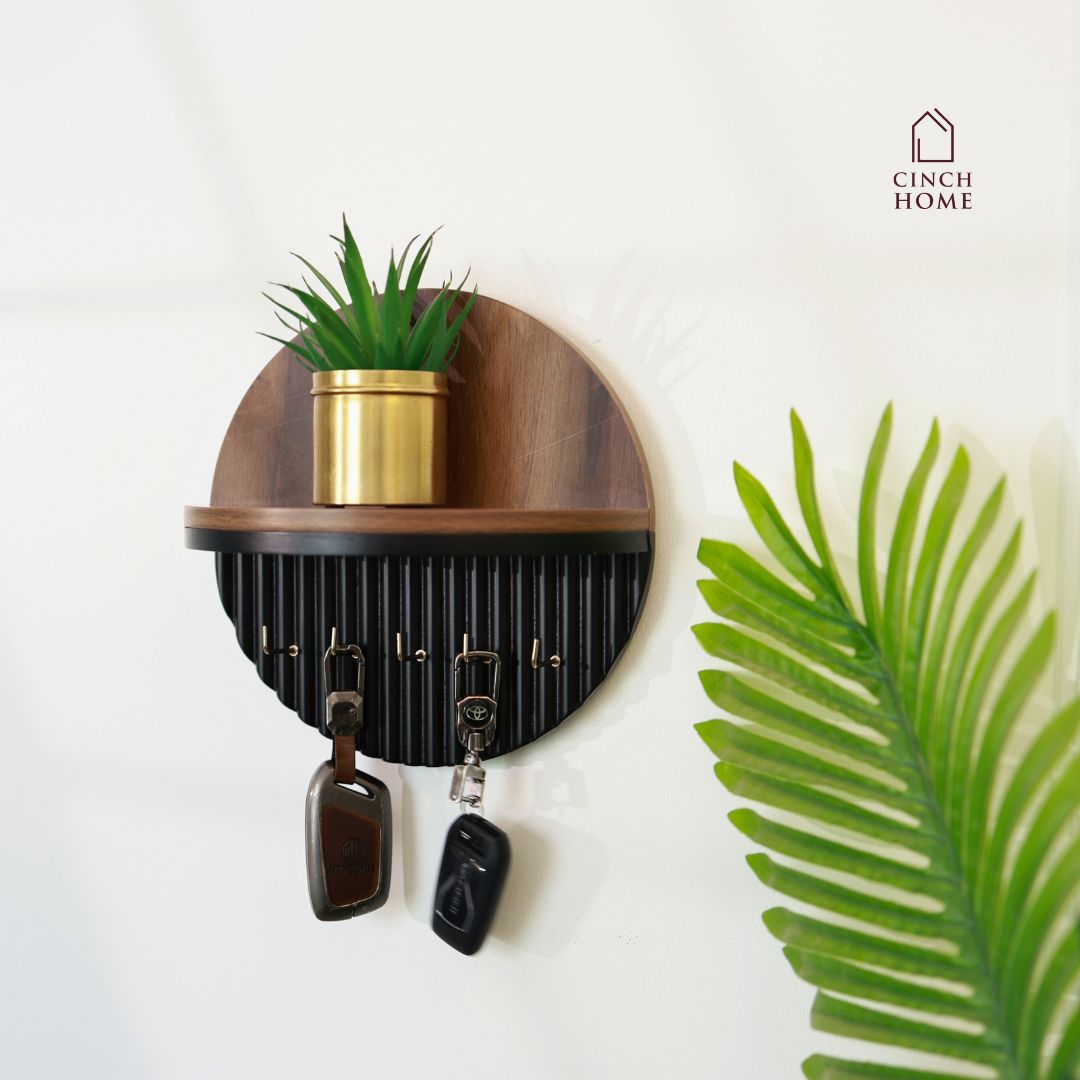 Modern Round Wooden Key Holder with Shelf | Walnut Finish