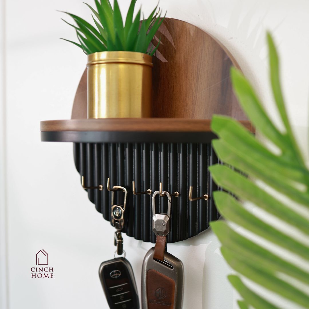 Modern Round Wooden Key Holder with Shelf | Walnut Finish