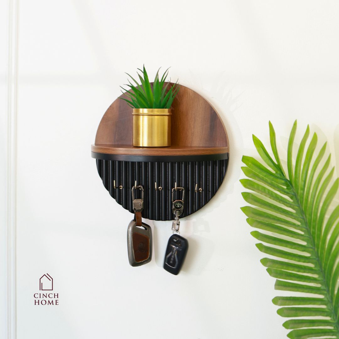 Modern Round Wooden Key Holder with Shelf | Walnut Finish