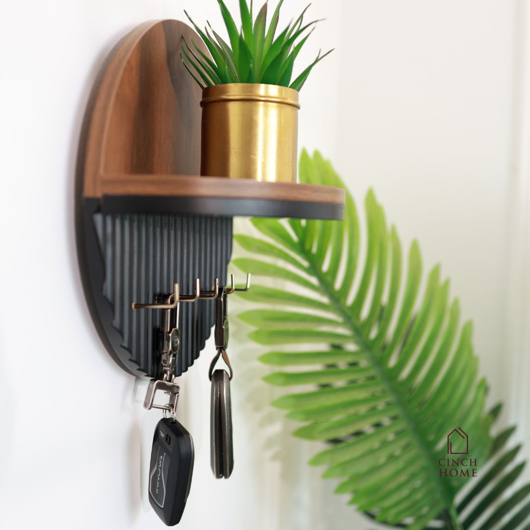 Modern Round Wooden Key Holder with Shelf | Walnut Finish