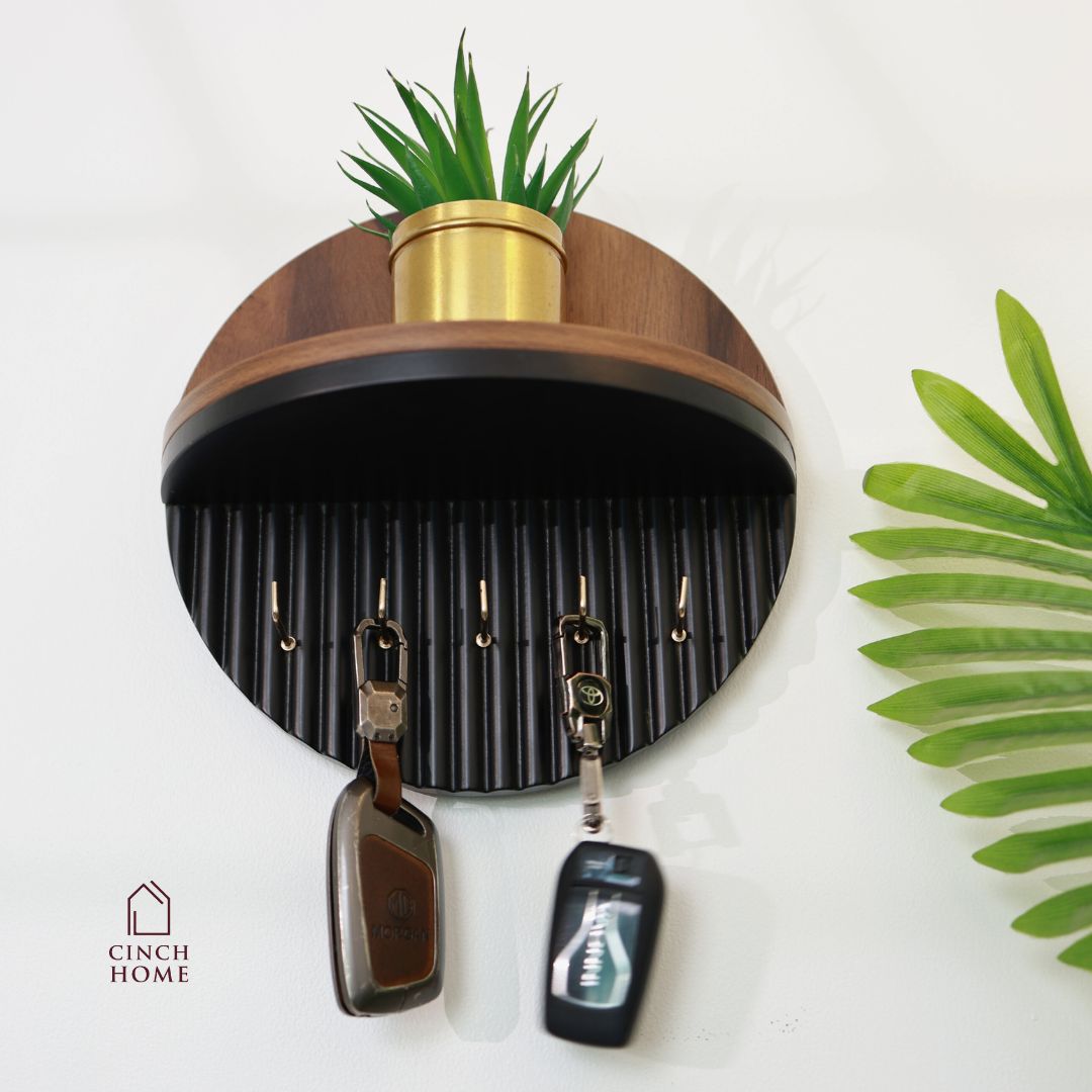Modern Round Wooden Key Holder with Shelf | Walnut Finish