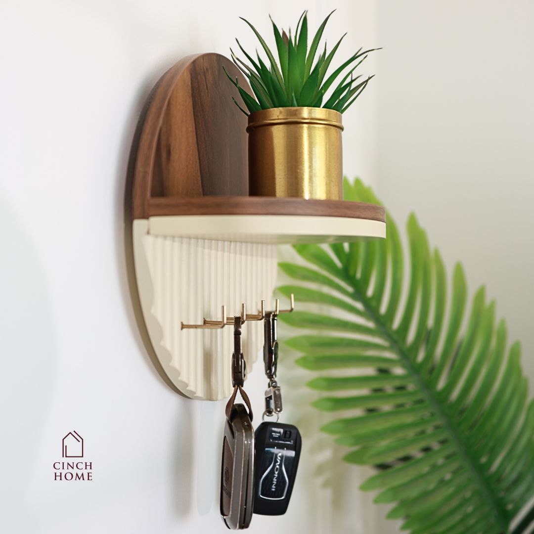 Modern Round Wooden Key Holder with Shelf | Walnut Finish