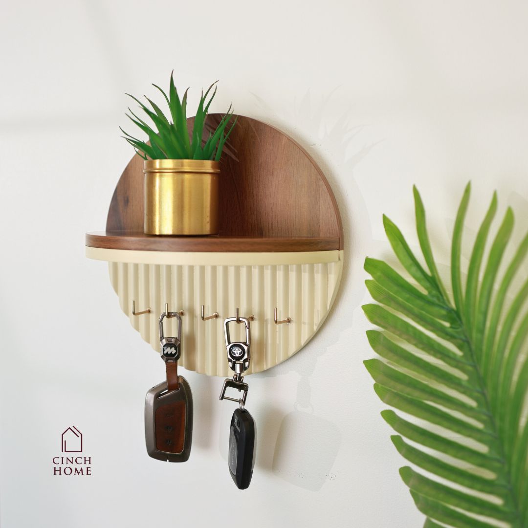 Modern Round Wooden Key Holder with Shelf | Walnut Finish