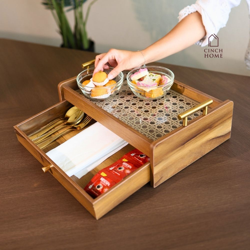 coffee table organizer, coffee table tray, sofa tray, serving tray, wooden serving tray, living room organizer, coffee table storage, 2 tier tray, serving tray with drawer, storage tray with drawer, multipurpose serving tray, table organizer,tea serving tray, coffee serving tray,snack serving tray, dry fruit serving tray,tea coffee organizer, remote organizer, tissue holder tray, cutlery organizer, living room accessories, modern home decor, functional home decor, decorative storage tray, gift, diwali gift