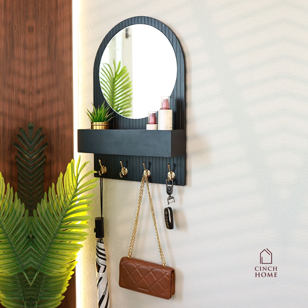 Entryway Organiser with Round Mirror with Dual Hooks Shelf