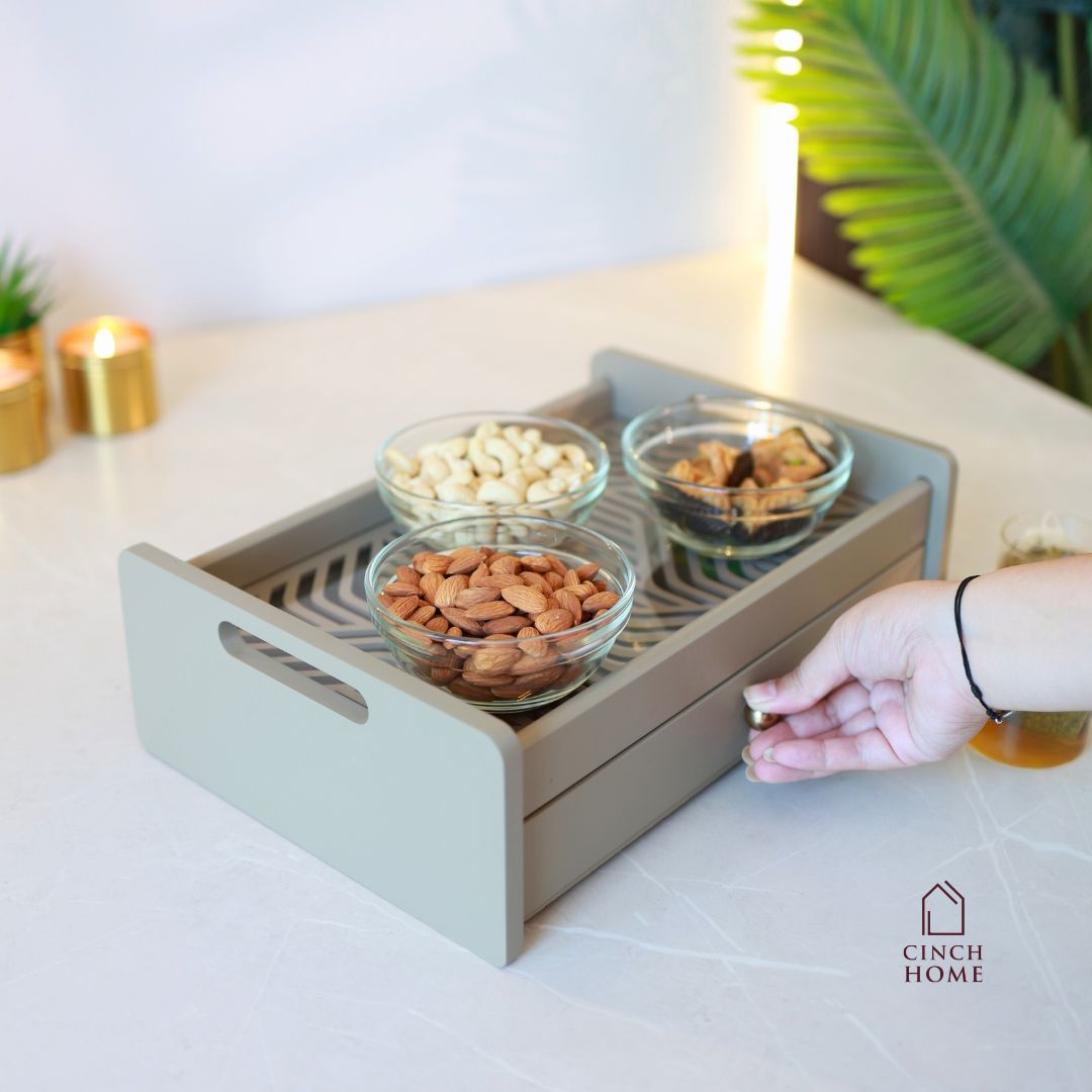 wooden serving tray with drawer, multipurpose organizer tray, tea serving tray, dry fruit serving tray, kitchen organizer tray, serving tray for snacks, home décor serving tray, dressing table tray, premium serving tray India, CinchHome serving tray. festive gifting, festive hosting, diwali gift, home gift, house warming gift