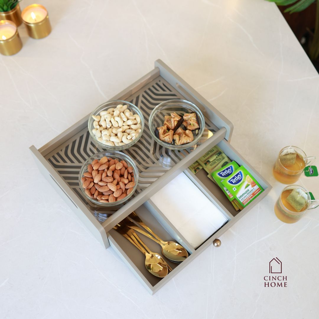 wooden serving tray with drawer, multipurpose organizer tray, tea serving tray, dry fruit serving tray, kitchen organizer tray, serving tray for snacks, home décor serving tray, dressing table tray, premium serving tray India, CinchHome serving tray. festive gifting, festive hosting, diwali gift, home gift, house warming gift
