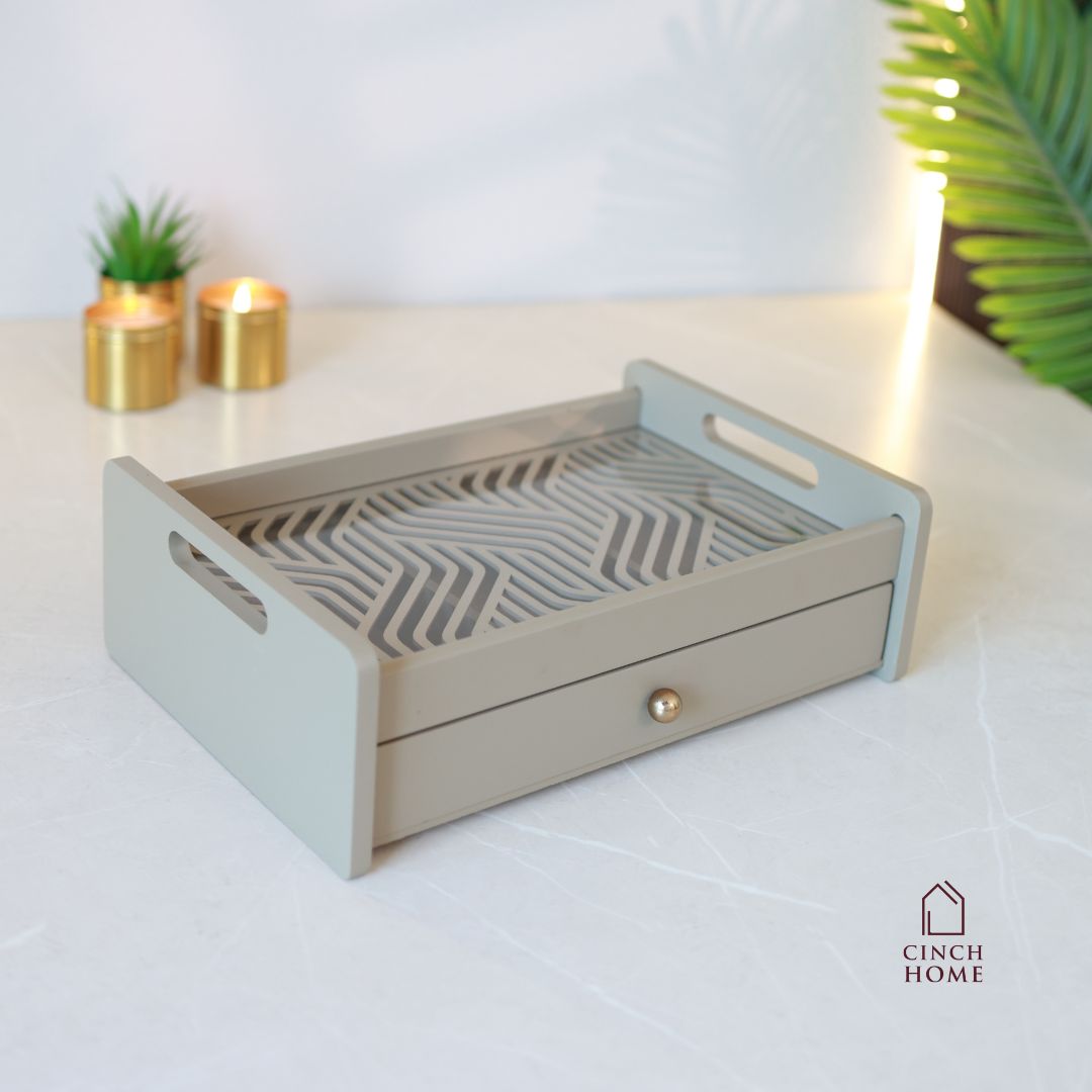 wooden serving tray with drawer, multipurpose organizer tray, tea serving tray, dry fruit serving tray, kitchen organizer tray, serving tray for snacks, home décor serving tray, dressing table tray, premium serving tray India, CinchHome serving tray. festive gifting, festive hosting, diwali gift, home gift, house warming gift