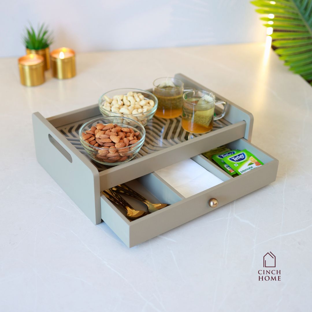 wooden serving tray with drawer, multipurpose organizer tray, tea serving tray, dry fruit serving tray, kitchen organizer tray, serving tray for snacks, home décor serving tray, dressing table tray, premium serving tray India, CinchHome serving tray. festive gifting, festive hosting, diwali gift, home gift, house warming gift