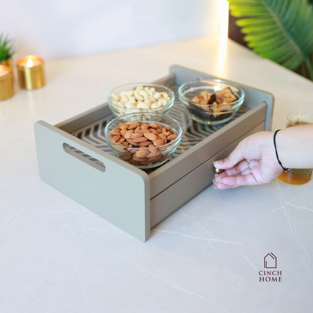 wooden serving tray with drawer, multipurpose organizer tray, tea serving tray, dry fruit serving tray, kitchen organizer tray, serving tray for snacks, home décor serving tray, dressing table tray, premium serving tray India, CinchHome serving tray. festive gifting, festive hosting, diwali gift, home gift, house warming gift