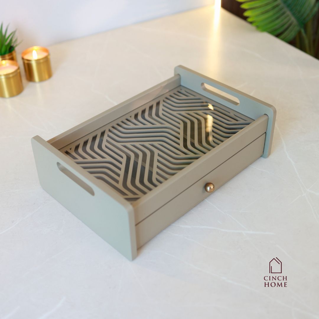 wooden serving tray with drawer, multipurpose organizer tray, tea serving tray, dry fruit serving tray, kitchen organizer tray, serving tray for snacks, home décor serving tray, dressing table tray, premium serving tray India, CinchHome serving tray. festive gifting, festive hosting, diwali gift, home gift, house warming gift