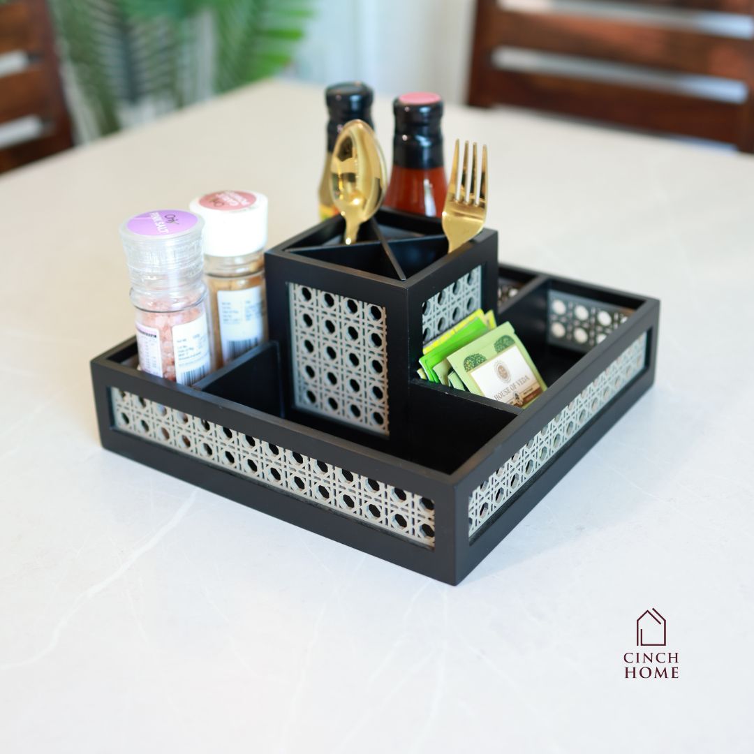 rattan organizer box, wooden organizer with cane weave, dining table organizer, kitchen condiment holder, cutlery organizer, makeup brush holder, vanity organizer, multipurpose table organizer, desk organizer, handmade rattan storage box, home décor organizer India, CinchHome rattan organizer, premium wooden organizer.