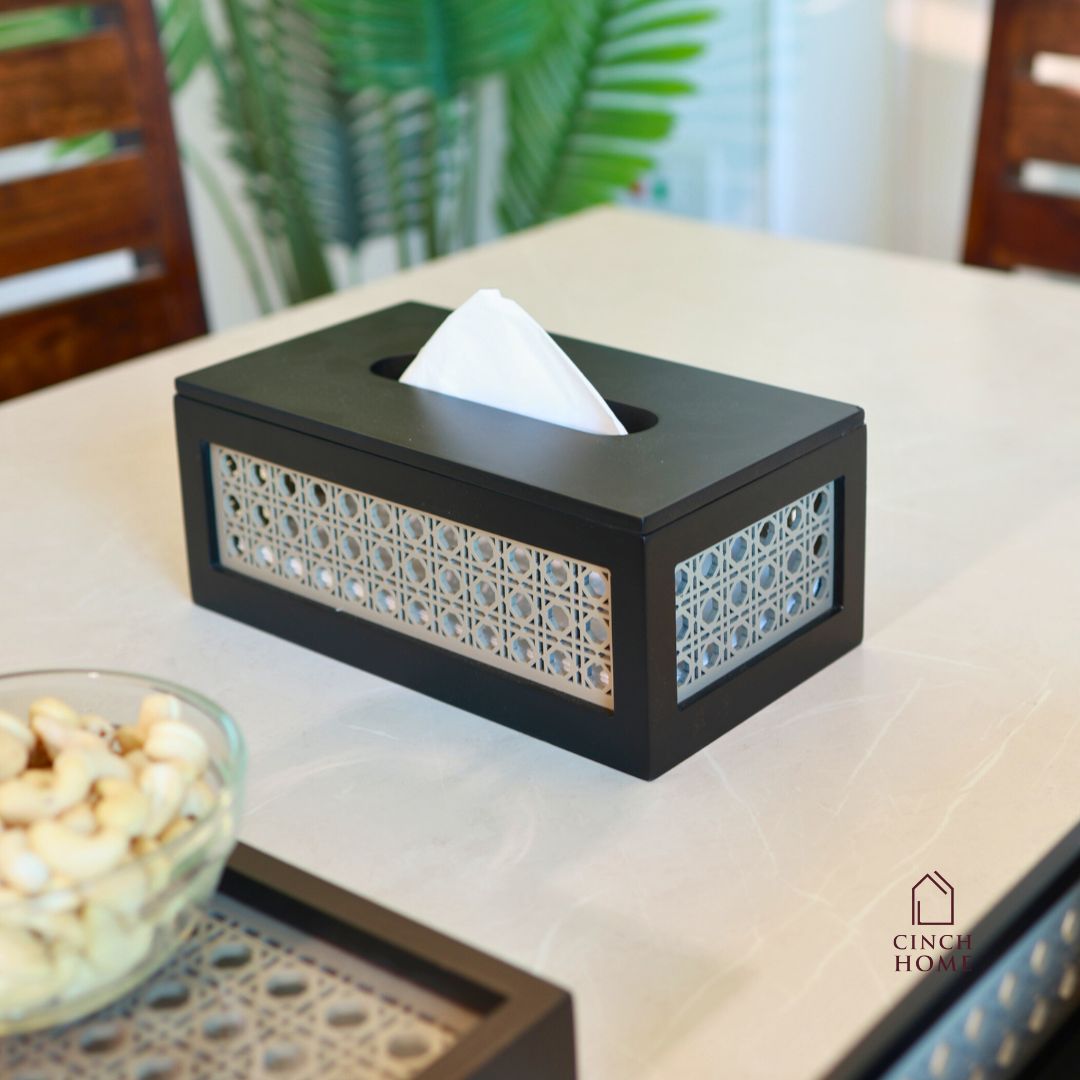 rattan tissue box, wooden tissue holder, cane tissue box, handmade tissue box, living room décor, dining table tissue holder, premium wooden tissue box, car tissue box, tissue dispenser India, rattan home décor, modern tissue holder, CinchHome tissue box.