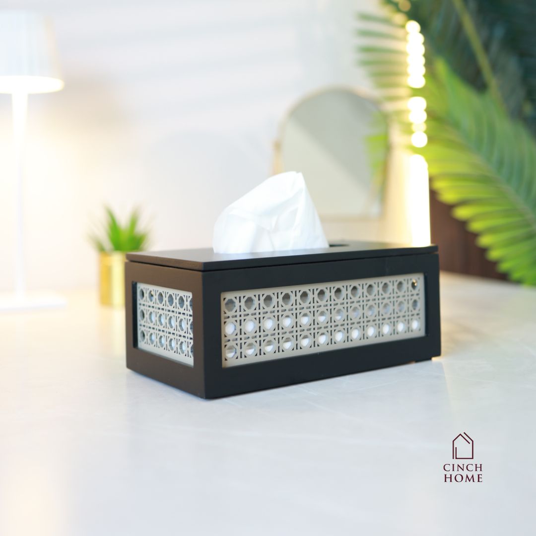 rattan tissue box, wooden tissue holder, cane tissue box, handmade tissue box, living room décor, dining table tissue holder, premium wooden tissue box, car tissue box, tissue dispenser India, rattan home décor, modern tissue holder, CinchHome tissue box.