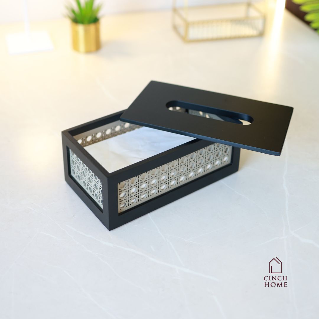 rattan tissue box, wooden tissue holder, cane tissue box, handmade tissue box, living room décor, dining table tissue holder, premium wooden tissue box, car tissue box, tissue dispenser India, rattan home décor, modern tissue holder, CinchHome tissue box.