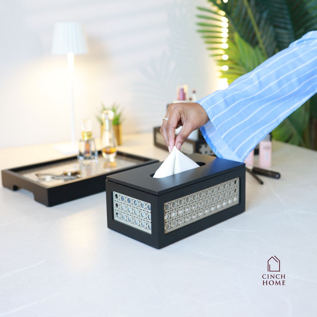 rattan tissue box, wooden tissue holder, cane tissue box, handmade tissue box, living room décor, dining table tissue holder, premium wooden tissue box, car tissue box, tissue dispenser India, rattan home décor, modern tissue holder, CinchHome tissue box.