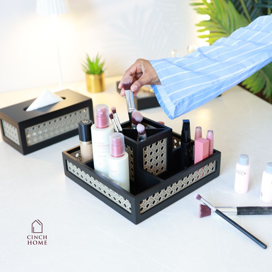 rattan organizer box, wooden organizer with cane weave, dining table organizer, kitchen condiment holder, cutlery organizer, makeup brush holder, vanity organizer, multipurpose table organizer, desk organizer, handmade rattan storage box, home décor organizer India, CinchHome rattan organizer, premium wooden organizer.