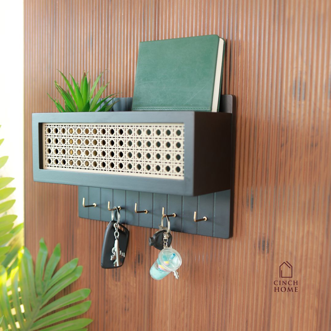 rattan key holder, wall shelf organizer, wooden key hanger, wall mounted key holder, home entryway organizer, black rattan wall décor, wooden key rack India, cane wall shelf, handcrafted key holder, CinchHome organizer