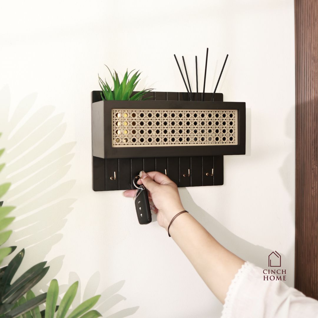 rattan key holder, wall shelf organizer, wooden key hanger, wall mounted key holder, home entryway organizer, black rattan wall décor, wooden key rack India, cane wall shelf, handcrafted key holder, CinchHome organizer