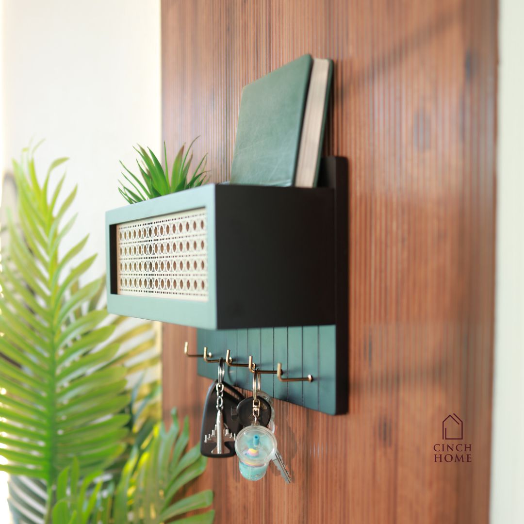 rattan key holder, wall shelf organizer, wooden key hanger, wall mounted key holder, home entryway organizer, black rattan wall décor, wooden key rack India, cane wall shelf, handcrafted key holder, CinchHome organizer