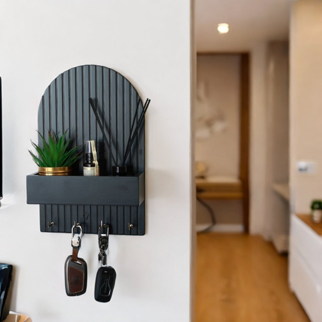 wall-mounted key holder, entryway organizer, key rack with shelf, home decor organizer, MDF key hanger, fluted design key shelf, key hooks with planter, black key holder, space-saving key organizer, key rack for wall, modern wall organizer