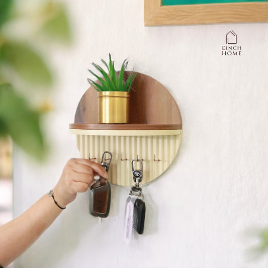 Modern Round Wooden Key Holder with Shelf | Walnut Finish