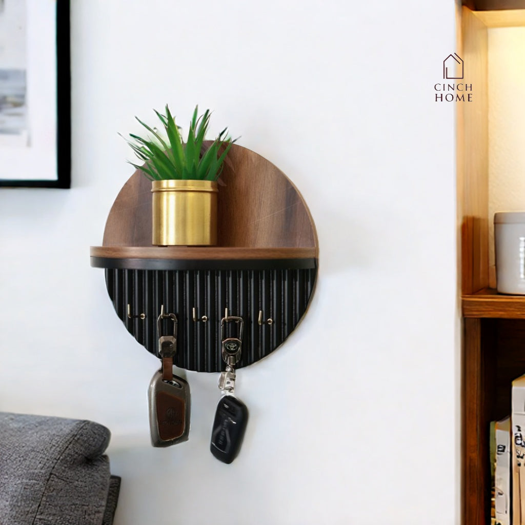 Modern Round Wooden Key Holder with Shelf | Walnut Finish