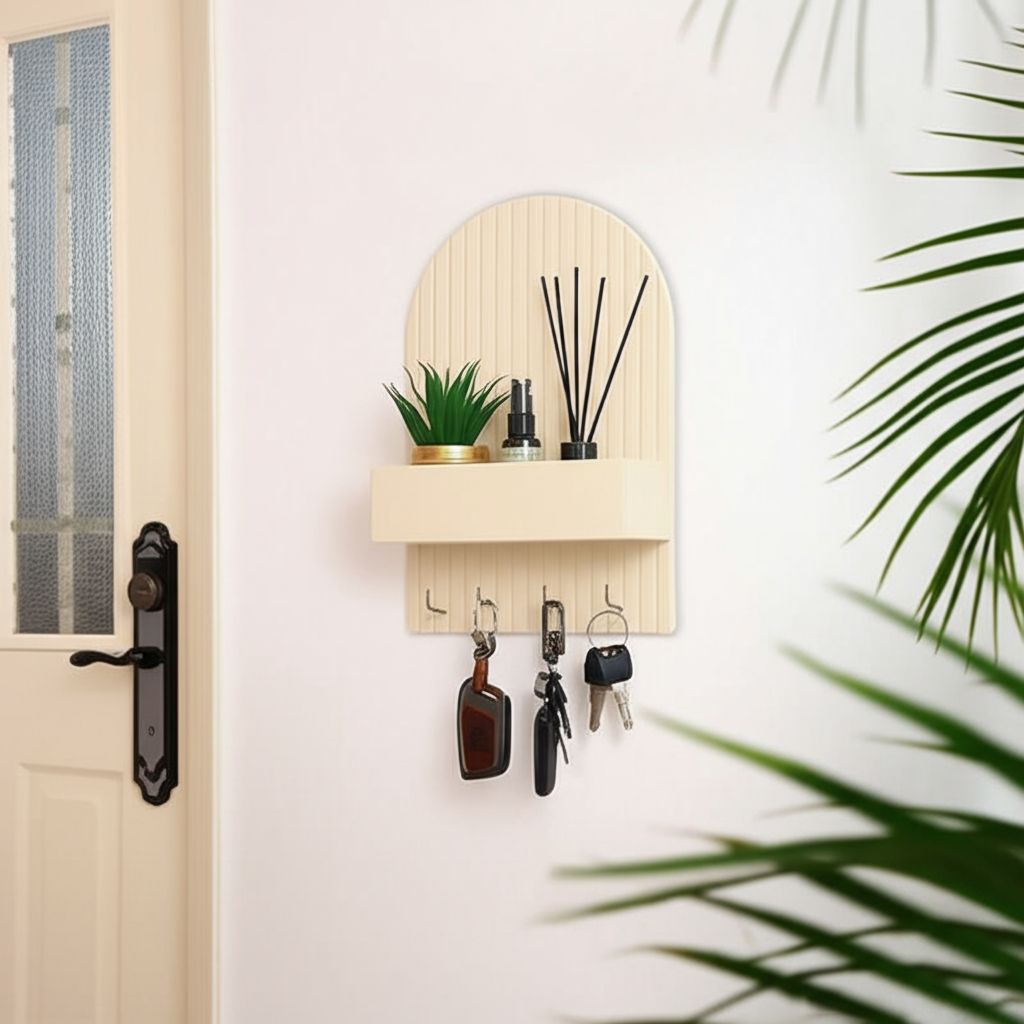 wall-mounted key holder, entryway organizer, key rack with shelf, home decor organizer, MDF key hanger, fluted design key shelf, key hooks with planter, black key holder, space-saving key organizer, key rack for wall, modern wall organizer