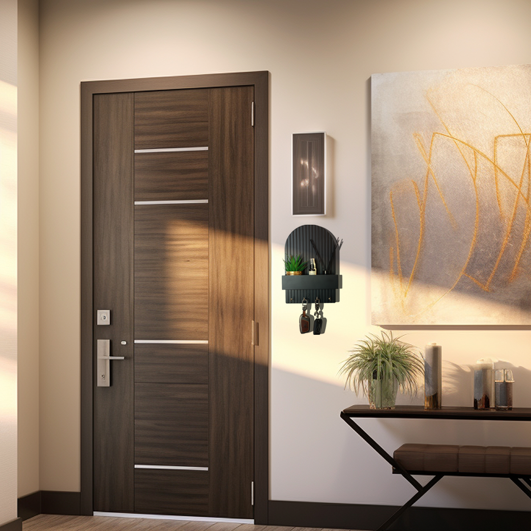 wall-mounted key holder, entryway organizer, key rack with shelf, home decor organizer, MDF key hanger, fluted design key shelf, key hooks with planter, black key holder, space-saving key organizer, key rack for wall, modern wall organizer